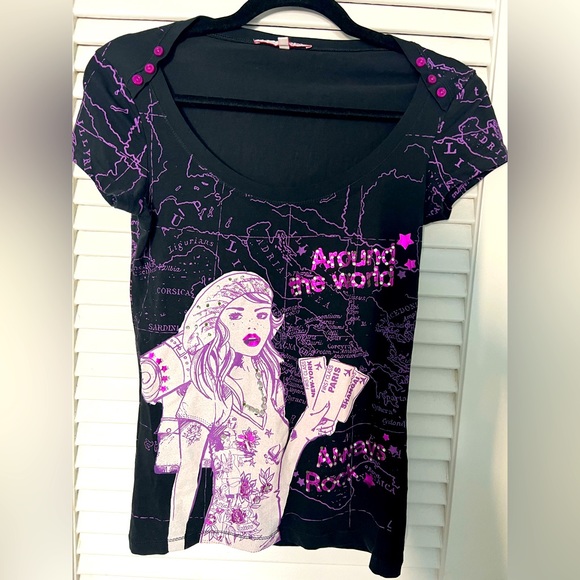 Y2K Black with purple glitter print t-shirt, tally weijl, S - Picture 1 of 4